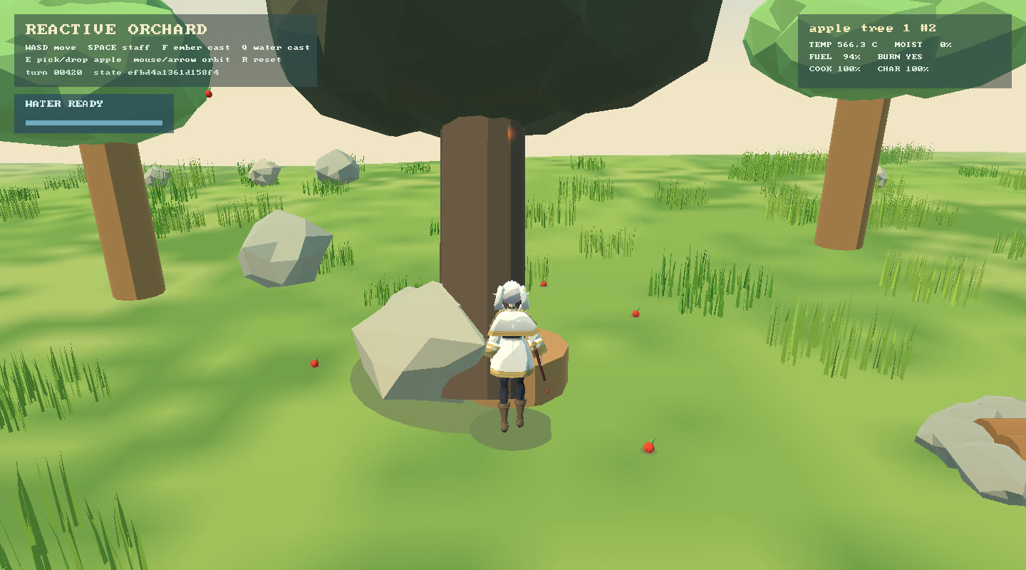 Pocket Openworld render: an orchard tree charring above its trunk, with temperature, fuel and state-hash readouts in the HUD